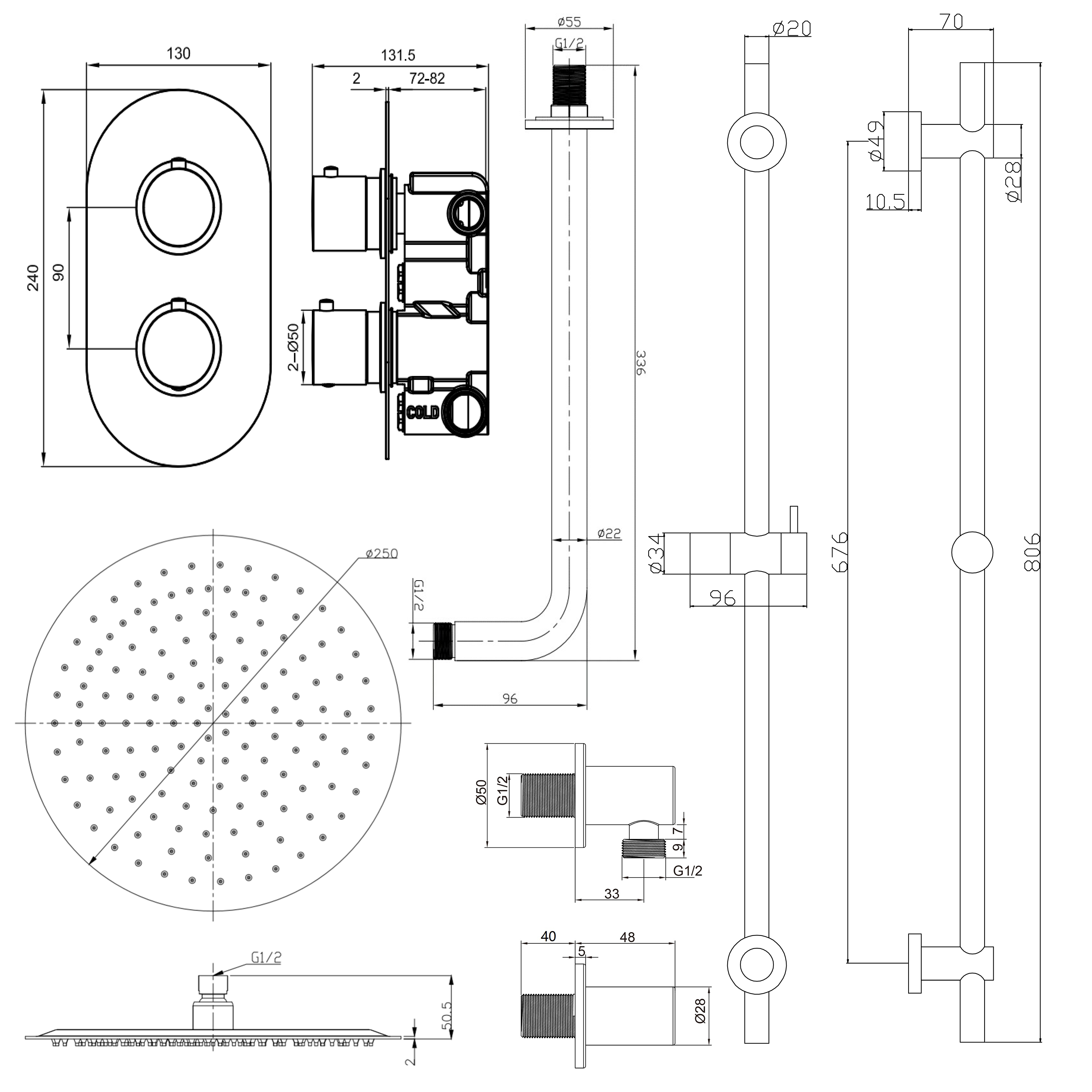 Harbour Clarity Brushed Brass Shower Package with 2 Outlet Valve, Fixed Head & Arm and Slide Rail Shower Kit