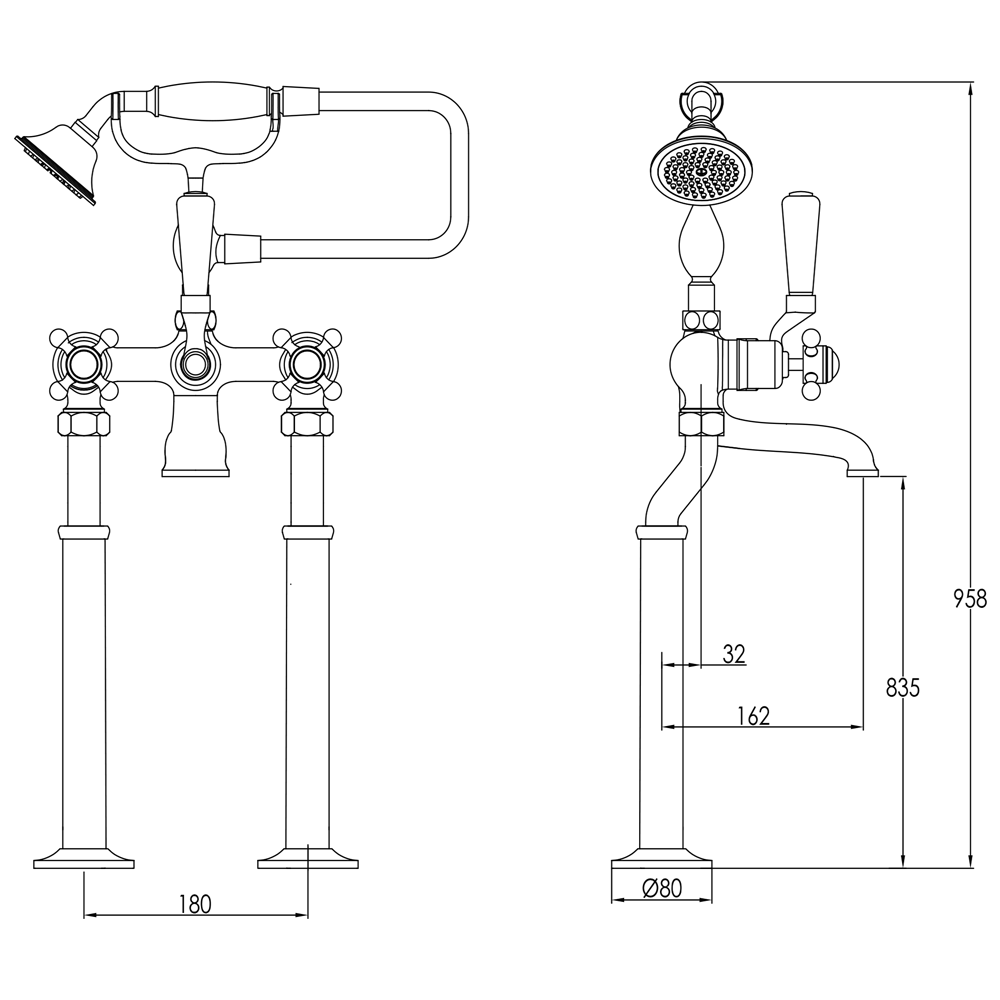 Butler & Rose Caledonia Cross Floor Standing Bath And Shower Mixer Tap With Shower Kit