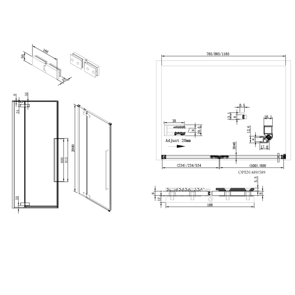 Harbour Icon Matt Black 8mm 2m Tall Easy Clean Hinged Shower Door & Optional Side Panel