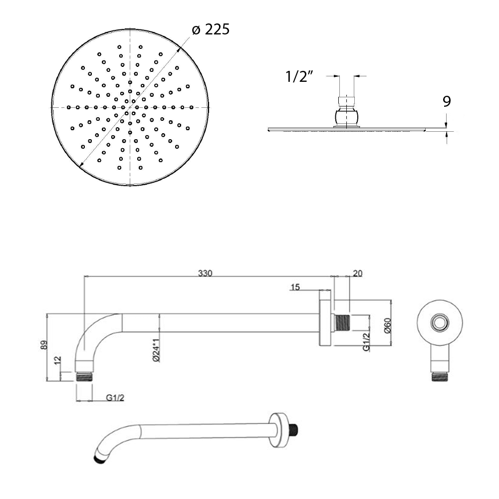 Crosswater Dial Central Concealed Thermostatic 2 Outlet Shower Valve with Fixed Head and 3 Mode Shower Handset