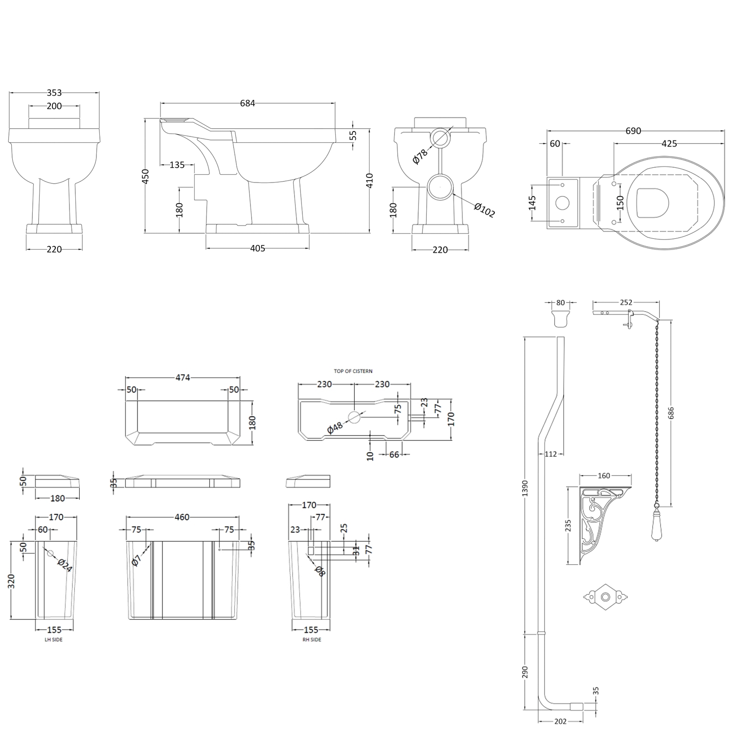 Butler & Rose Catherine Comfort Height High Level Toilet with Pan, Cistern & Flush Pipe