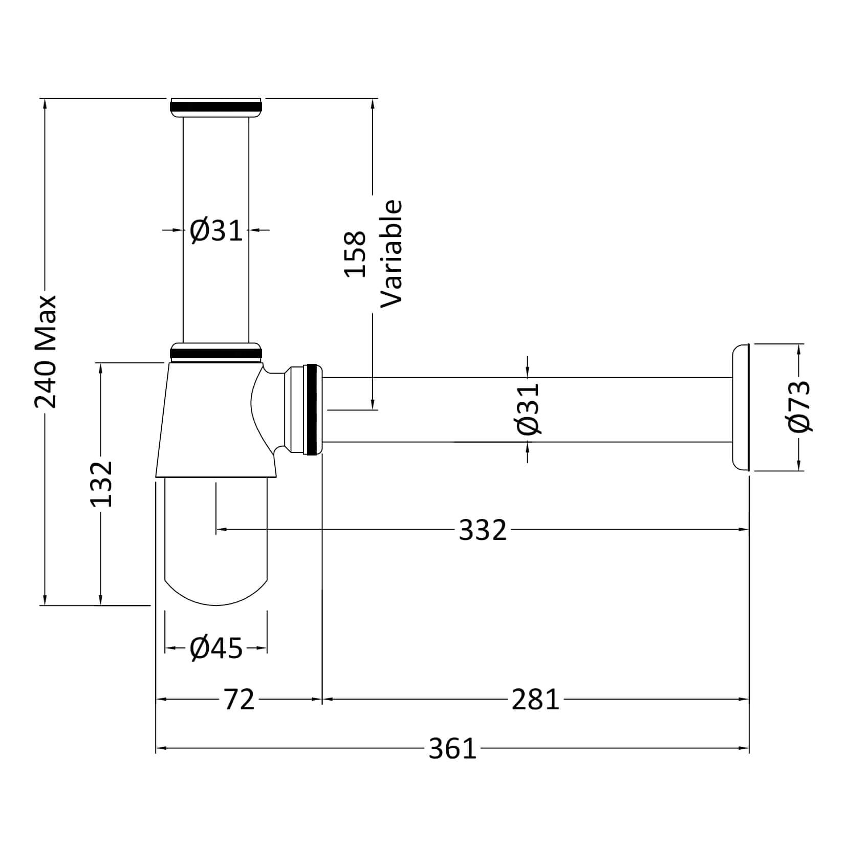 Butler & Rose Basin Bottle Trap With 190mm Extension Tube