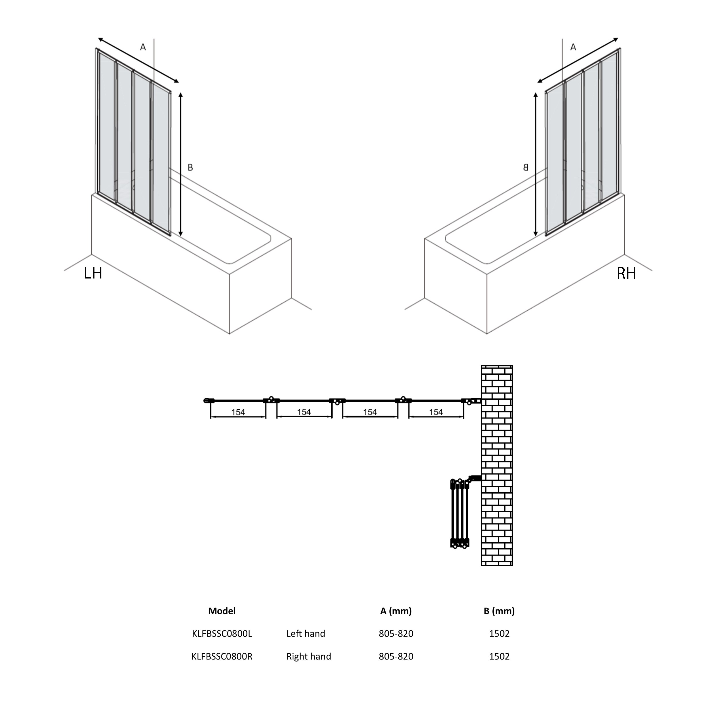 Crosswater Kai 6 Easy Clean Four Panel Fully Folding Bath Screen - 1502 x 805mm