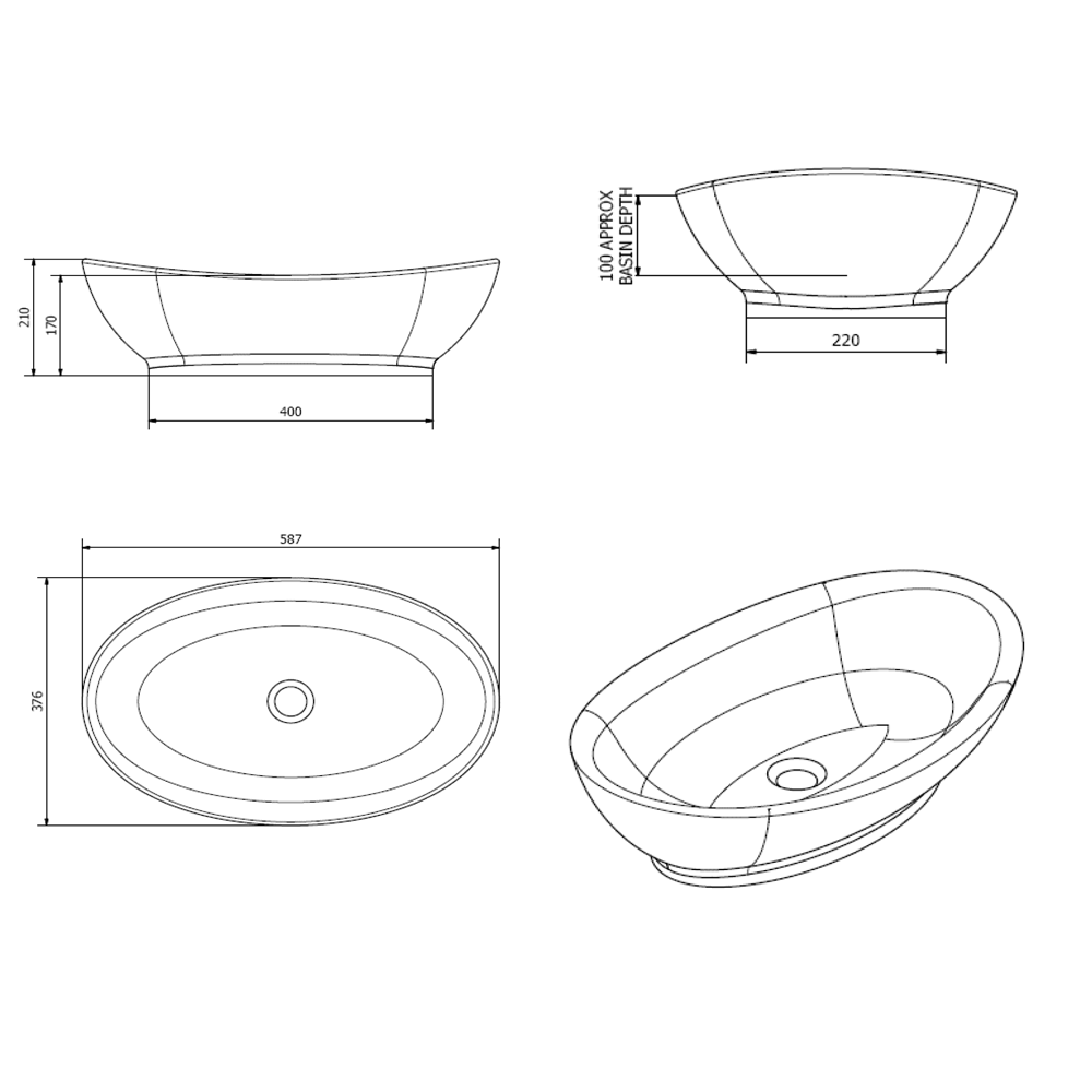 Lexie Oval Countertop Basin 587mm - No Tap Holes