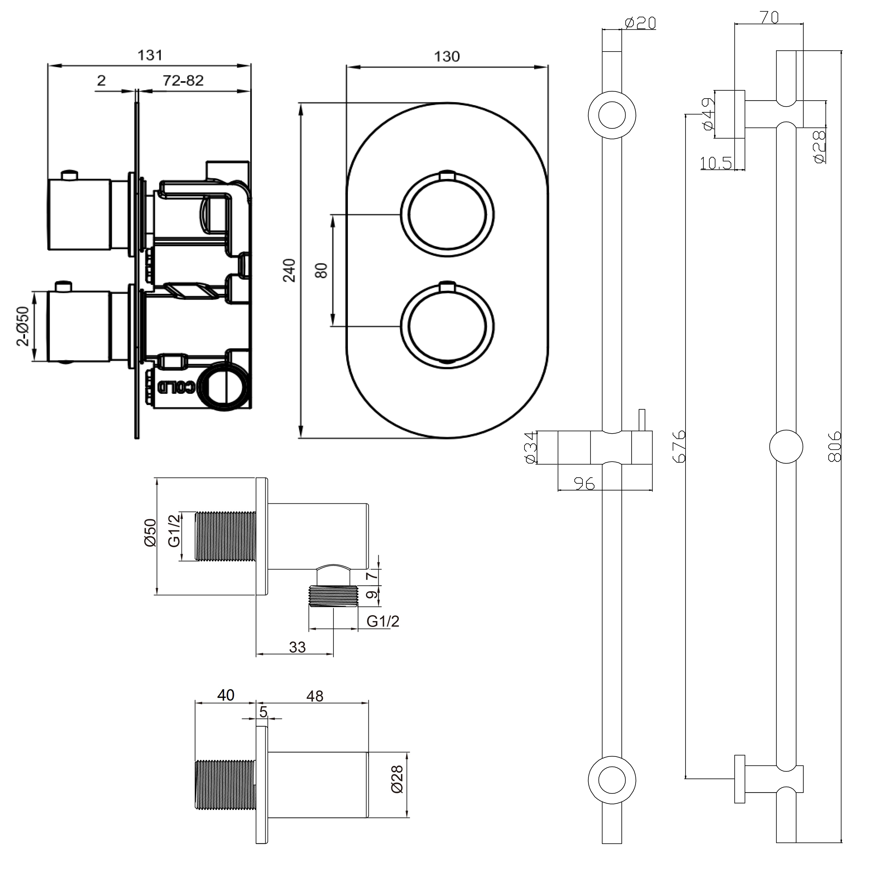 Habour Clarity Brushed Brass Concealed Shower Valve & Slide Rail Shower Kit