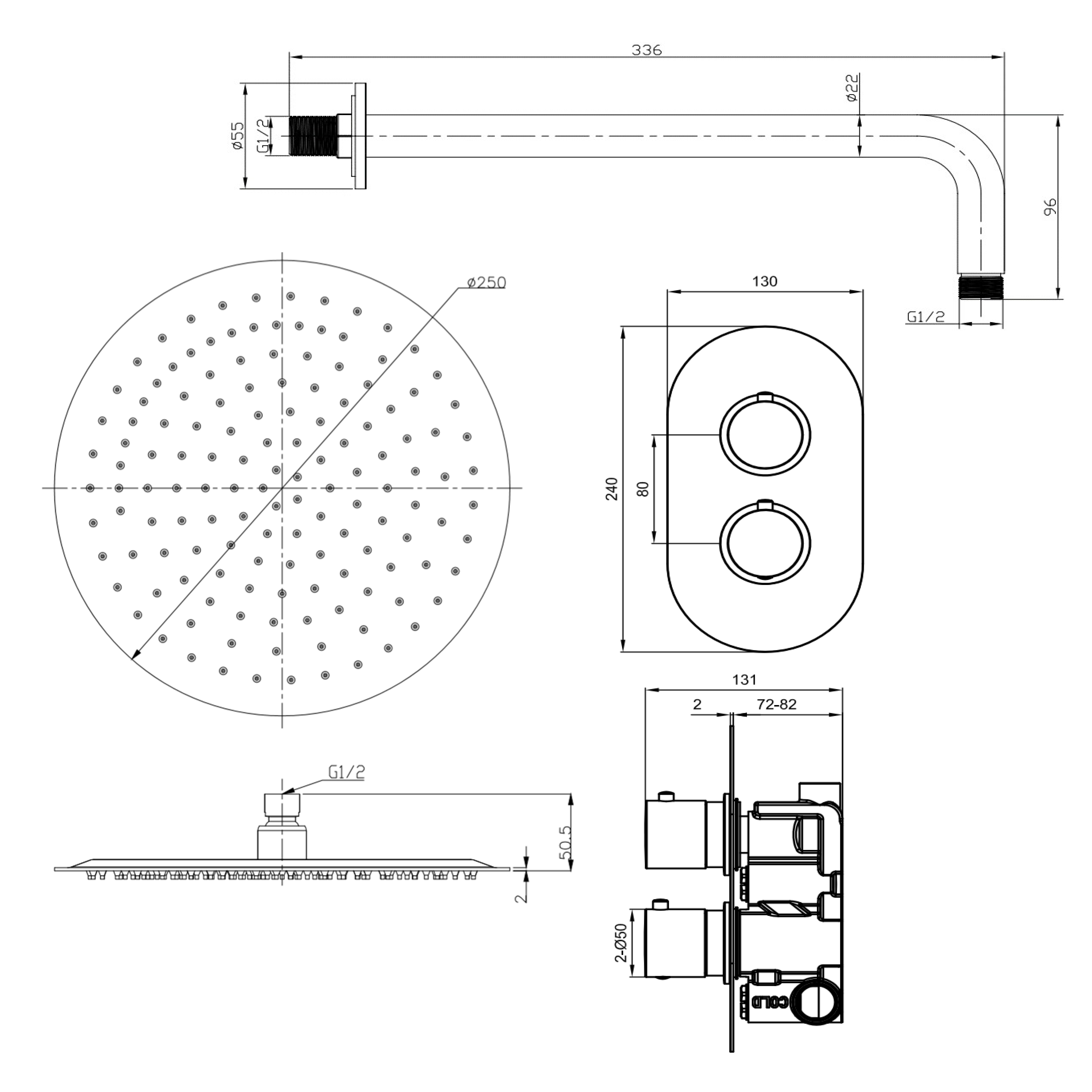 Habour Clarity Brushed Brass Concealed Shower Valve, Fixed Shower Arm & Head